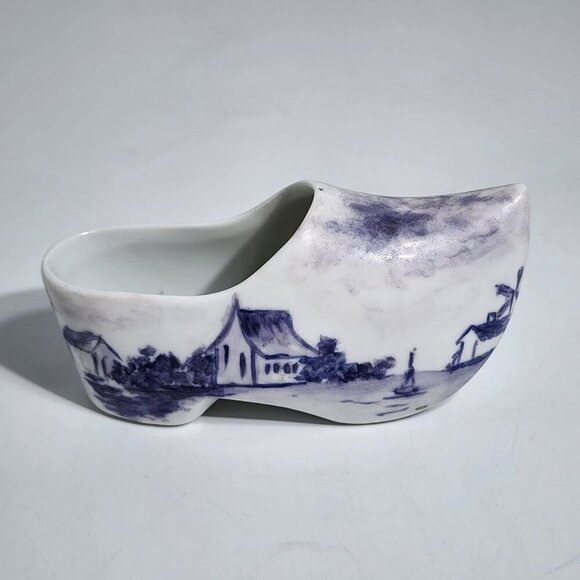 Dutch Ceramic Clog Shoe Figurine Hand Painted Blue & White Windmill - Picture 3 of 12